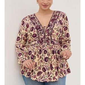 Torrid - Babydoll Rayon Crepe Floral Tan Embroidered Lace-Up Peasant Top - 1X